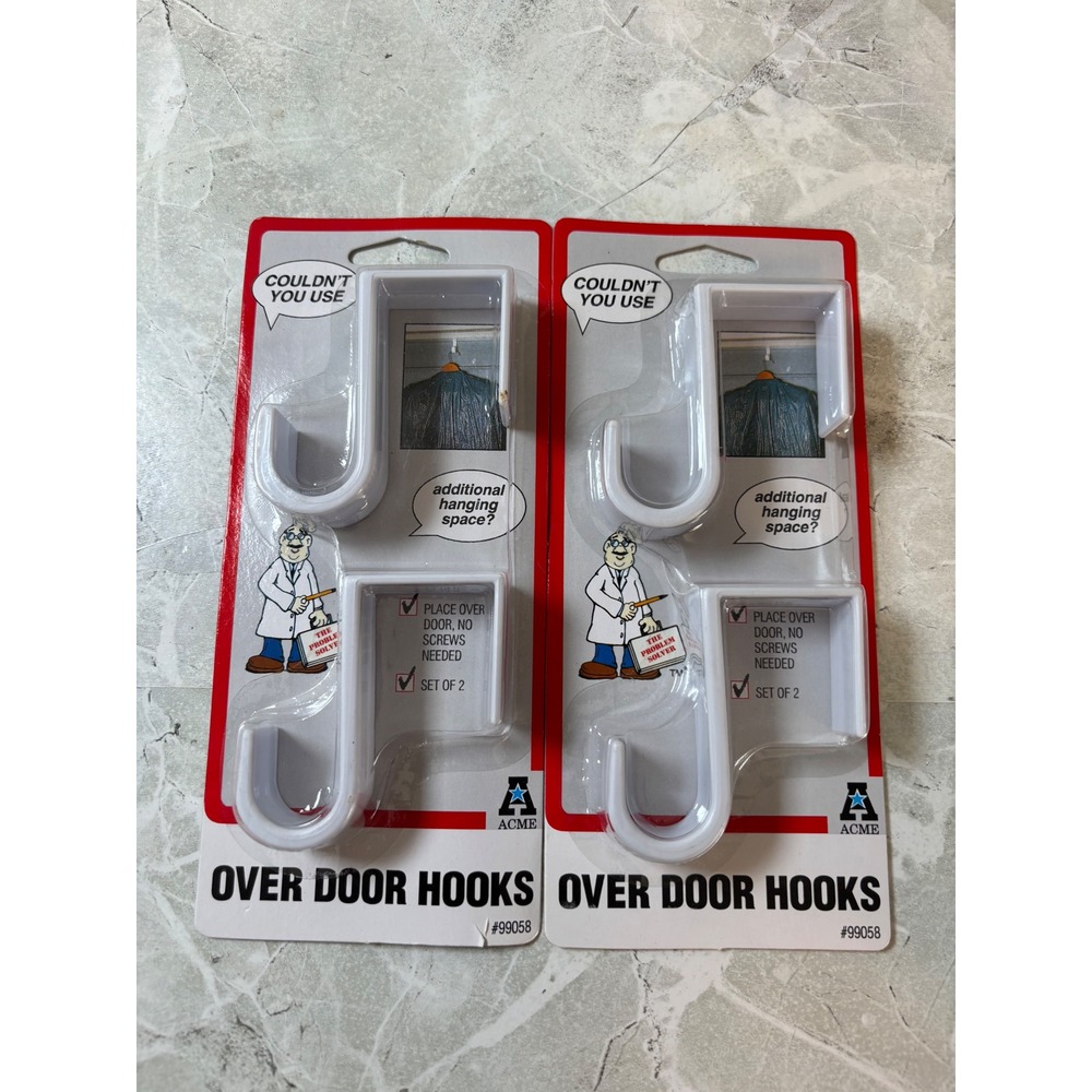 Acme Over Door Hooks White Plastic No Screws Needed 2 Packs of 2 1997 NOS NEW